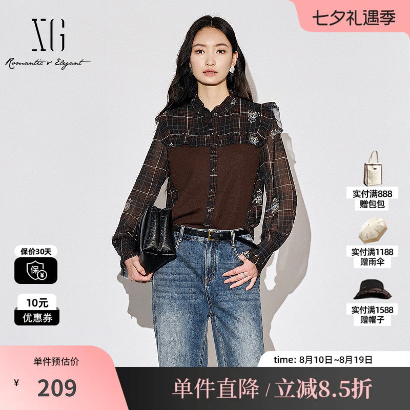 XG雪歌XJ321004B395拼接设计长袖衬衫时尚秋季新款格纹设计上衣女