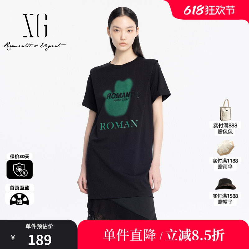 XG雪歌XJ204049A690黑色纯棉连衣裙 时尚夏季新款短袖亮片T恤裙女