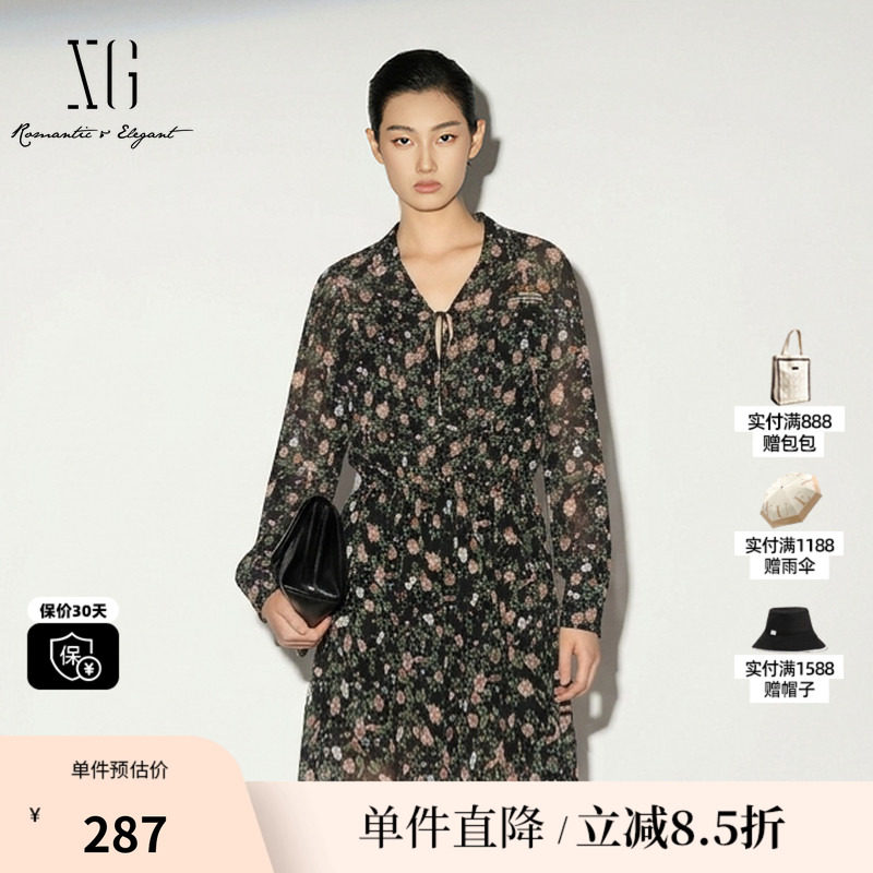 XG/雪歌XJ204560B806花版翻领长袖连衣裙碎花薄款休闲A字中裙女装