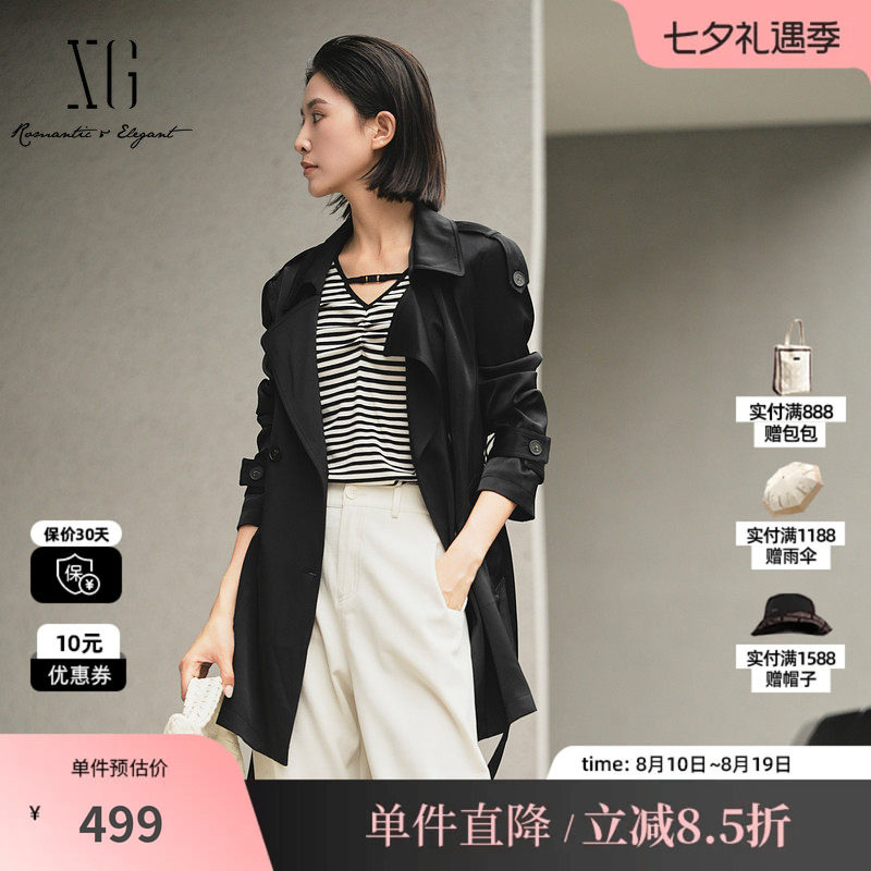 XG/雪歌XK308012A290黑色休闲风衣2025秋季新款中长款长袖外套女