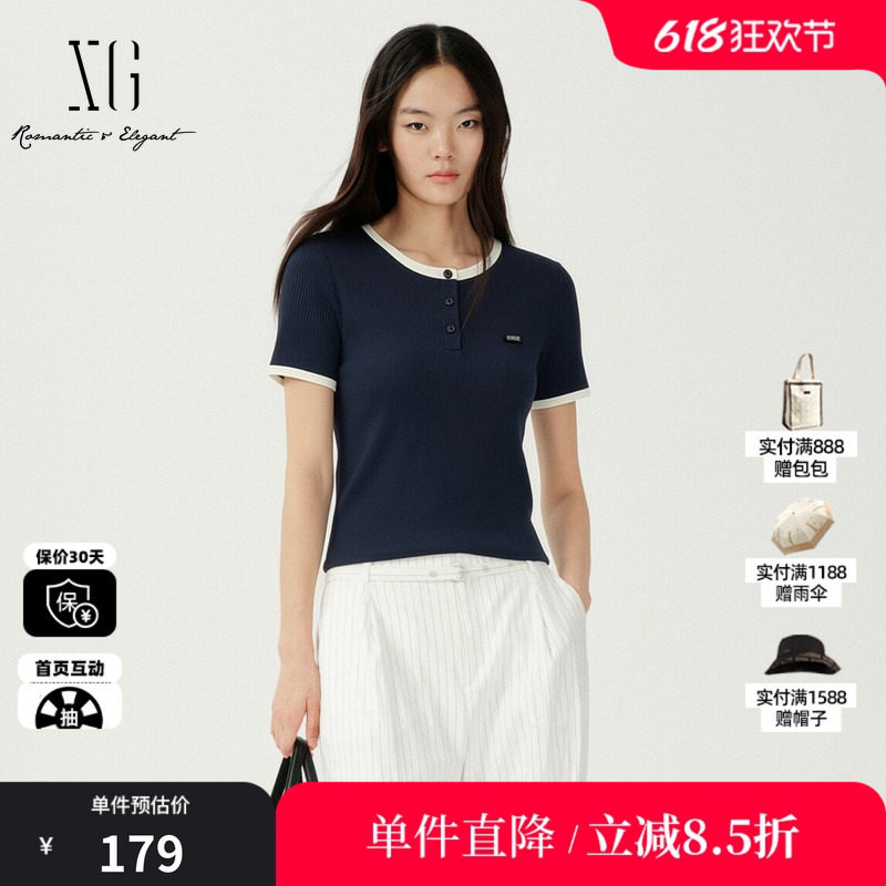 XG/雪歌XM201522A828藏青色撞色短袖T恤圆领纽扣修身打底上衣女装