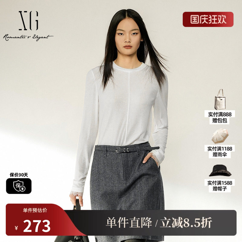 XG/雪歌XL401005A151白色莱赛尔蕾丝拼接长袖T恤休闲通勤内搭女装