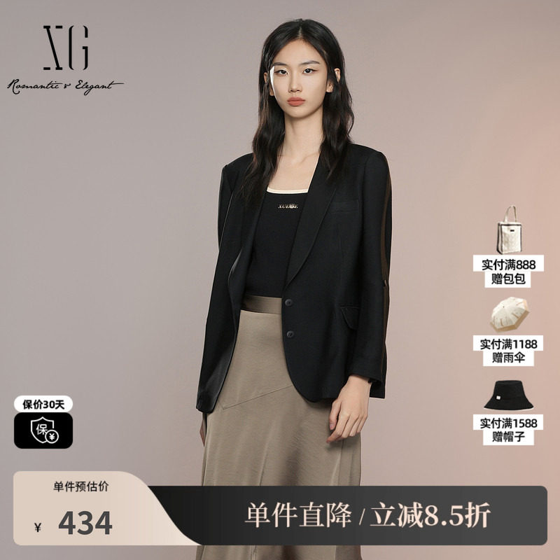 XG/雪歌XK307004A290 黑色醋纤七分袖挽边通勤休闲直筒西装外套女