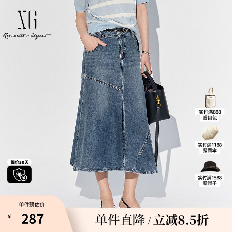 XG/雪歌XK203008A519水洗牛仔半身裙2025夏季新款薄款纯棉A字裙女