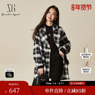 XG雪歌XJ410036B495格纹毛呢外套时尚冬季新款中长款绵羊毛大衣女