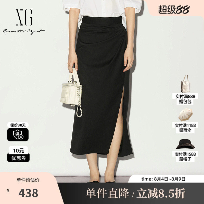 XG/雪歌XL203007A290 黑色直筒长款半身裙捏褶高腰开叉淑女长裙女