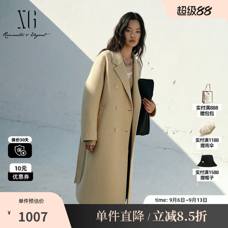 XG/雪歌 XK410784A830黄色羊毛混纺翻领双排扣腰带毛呢外套大衣女