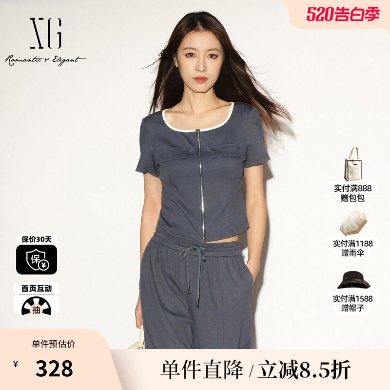 XG/雪歌XL201027B983深灰色方领短袖T恤短款拉链修身薄款开衫女装