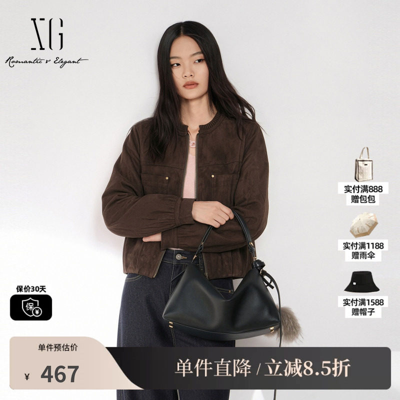 XG/雪歌 XM407508A809咖色麂皮圆领长袖外套短款宽松休闲夹克女装