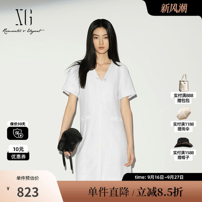 XG/雪歌XL204024A251白色V领飘带短袖连衣裙收腰简约直筒中裙女装