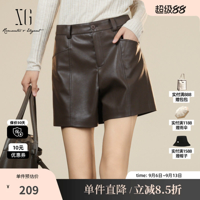 XG/雪歌XK402013A272深咖色休闲裤2025冬季新款皮质直筒短裤女装