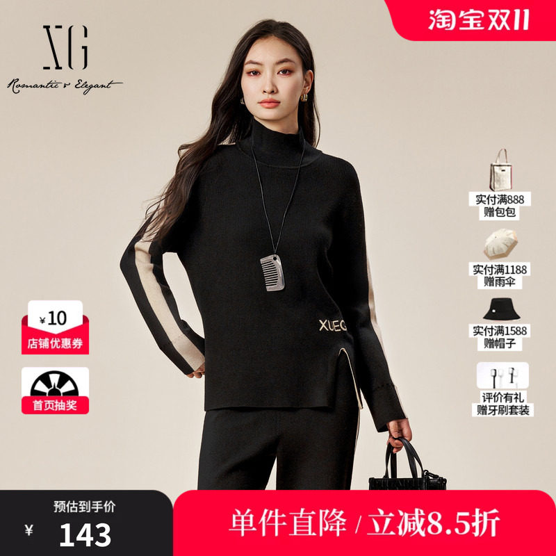 XG/雪歌XK411879A890 开叉设计长袖毛针织衫黑套头中领打底毛衫女