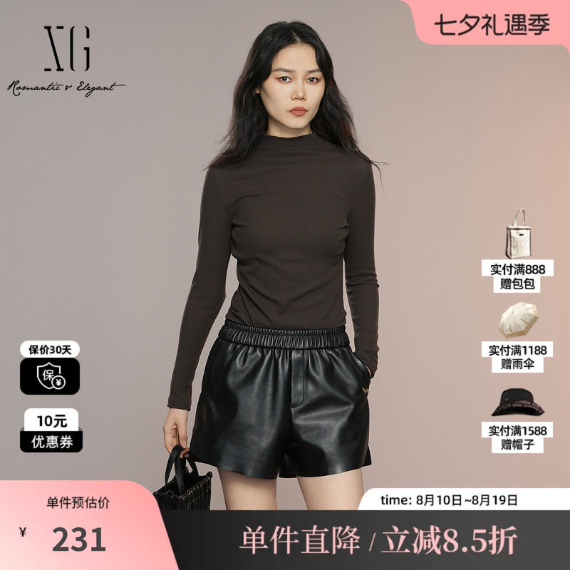 XG/雪歌XK301004A672深咖色长袖T恤2025秋季新款修身半高领棉感女