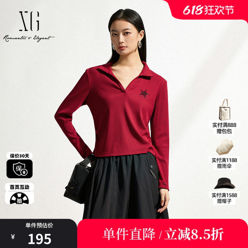 XG雪歌XK101017A113红色长袖T恤2025春季新款V领淑女风套头上衣女