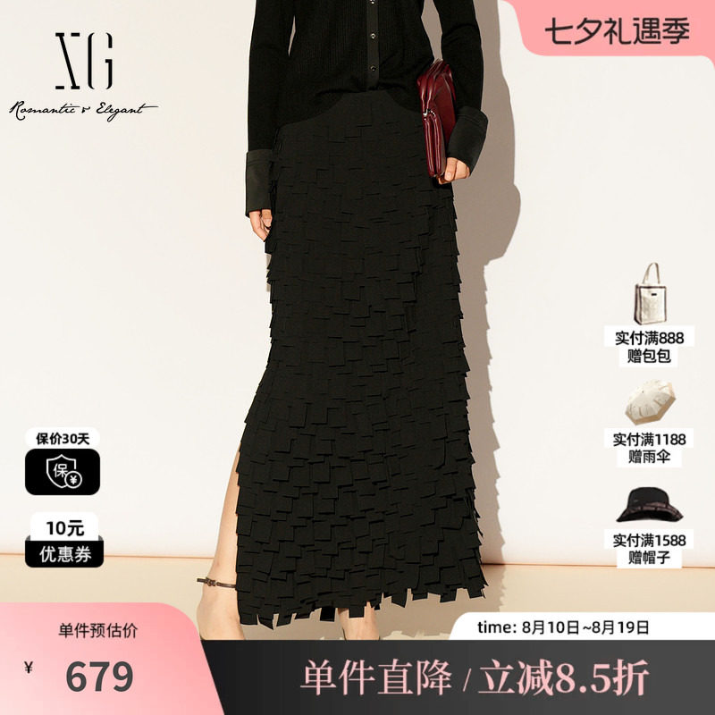 XG雪歌XL103019A190黑色设计感半身裙2026春季新款拼接直筒长裙女