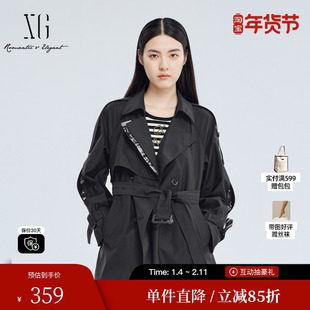 XG雪歌XJ308001A290黑色双排扣风衣时尚秋季新款收腰中长款外套女