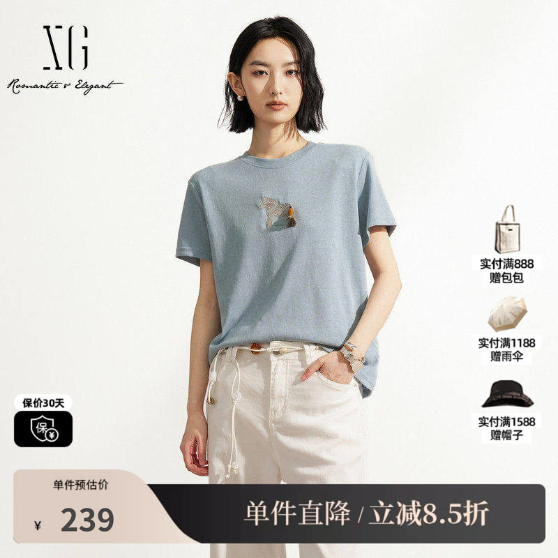 XG/雪歌XM201623A827灰蓝色棉感小马刺绣流苏短袖T恤休闲简约女装
