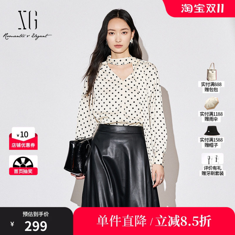 XG/雪歌XK321011B692波点长袖衬衫2025秋季新款绑带设计V领上衣女