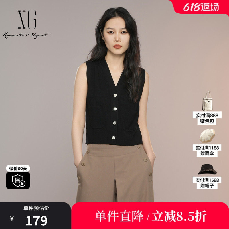 XG/雪歌XK311009A190黑色V领无袖针织马夹背心直筒修身内搭马甲女