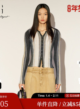 XG/雪歌XL111025B299圆领条纹针织衫修身显瘦打底长袖纽扣开衫女