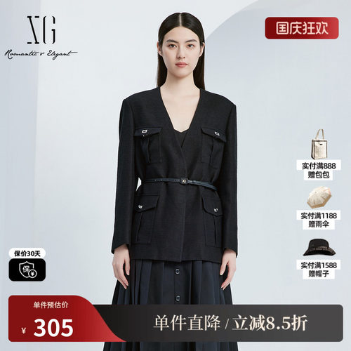 XG/雪歌XJ307018A590翻袋长袖西装时尚秋季新款黑色通勤V领外套女
