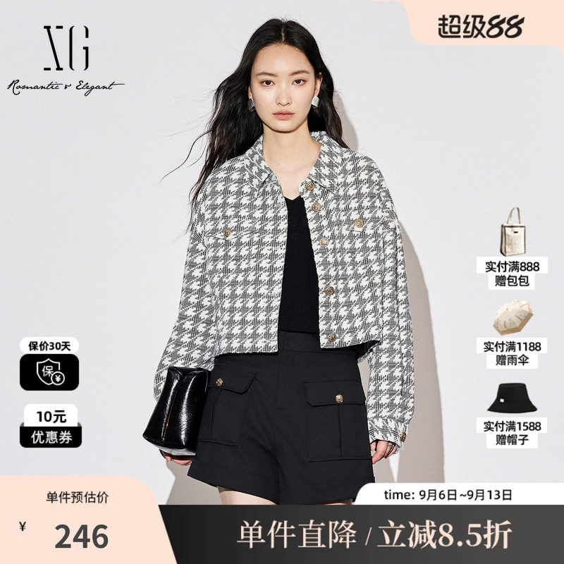 XG雪歌XJ307021B595小香风格纹短外套时尚秋季新款翻领长袖外套女