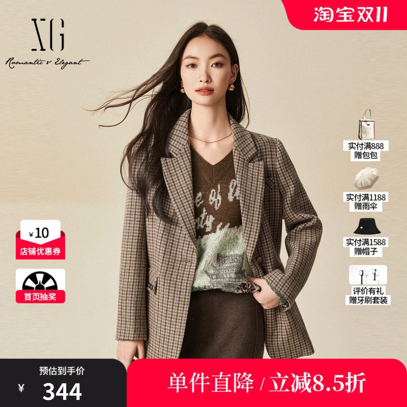 XG/雪歌XJ407032B695格纹长袖毛呢外套时尚冬季新款绵羊毛大衣女