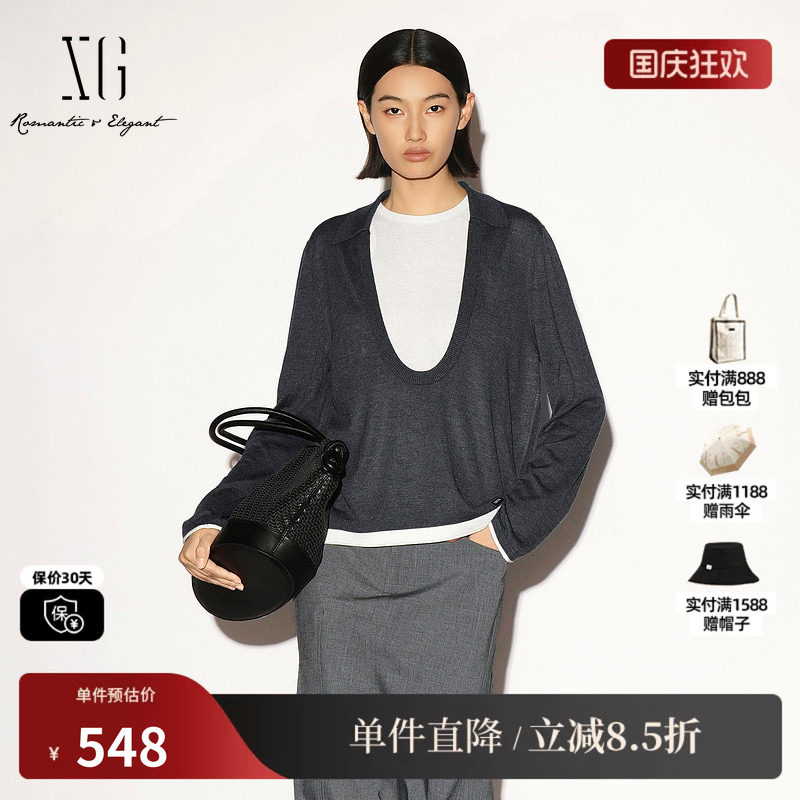 XG/雪歌 XL311017B383深灰色polo领长袖针织衫两件套直筒宽松女装