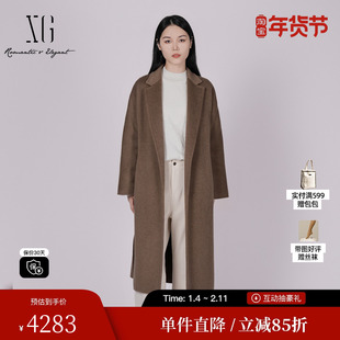XG/雪歌XK410058AZ09咖色毛呢外套2025冬季新款长款山羊绒大衣女