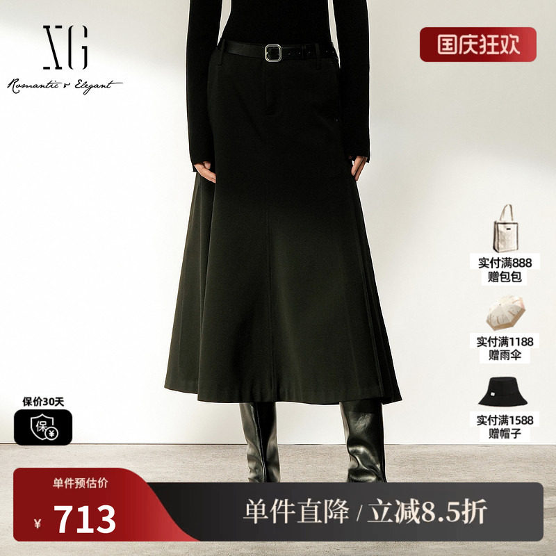 XG/雪歌XL403009A290黑色A字西装半身裙挺括腰带中长裙休闲通勤女