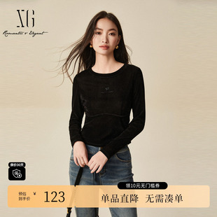 新款 冬季 T恤时尚 拼接设计上衣女 雪歌XJ401044A390黑色钉珠长袖