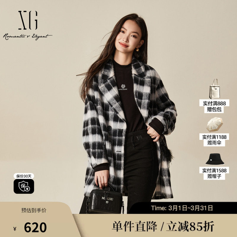 XG/雪歌XJ410036B495 黑白格纹毛呢外套中长款通勤羊毛混纺大衣女