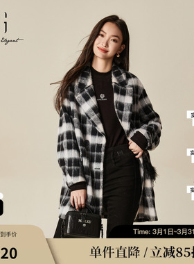 XG/雪歌XJ410036B495 黑白格纹毛呢外套中长款通勤羊毛混纺大衣女