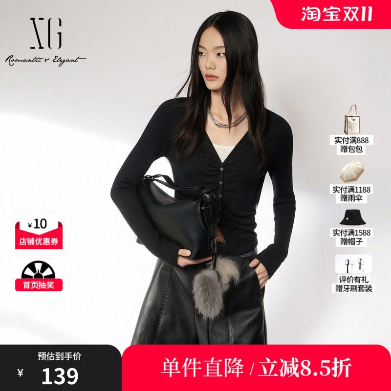 XG/雪歌XK401804A890黑色羊毛混纺假两件长袖T恤捏褶直筒休闲女装
