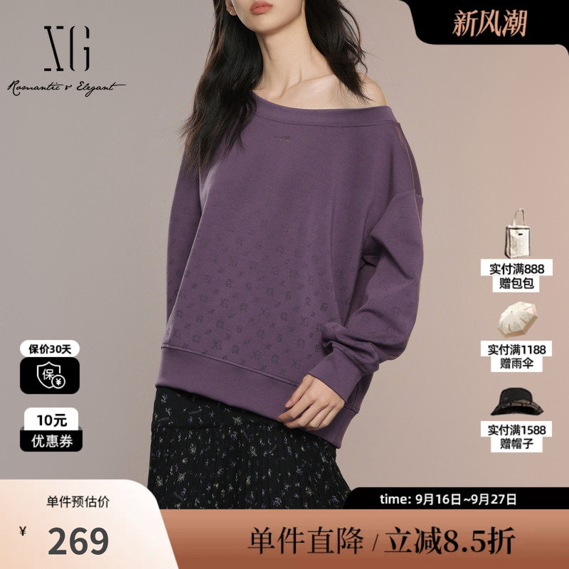 XG/雪歌XK301002A403印花长袖套头卫衣2025秋季新款深紫色上衣女
