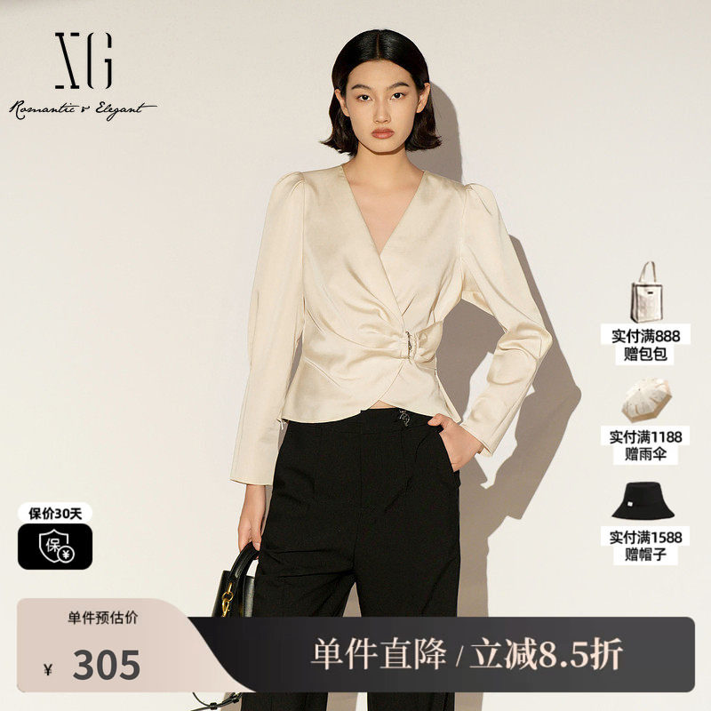 XG/雪歌XL121002A460米色莱赛尔V领长袖衬衫套头收腰淑女短上衣女