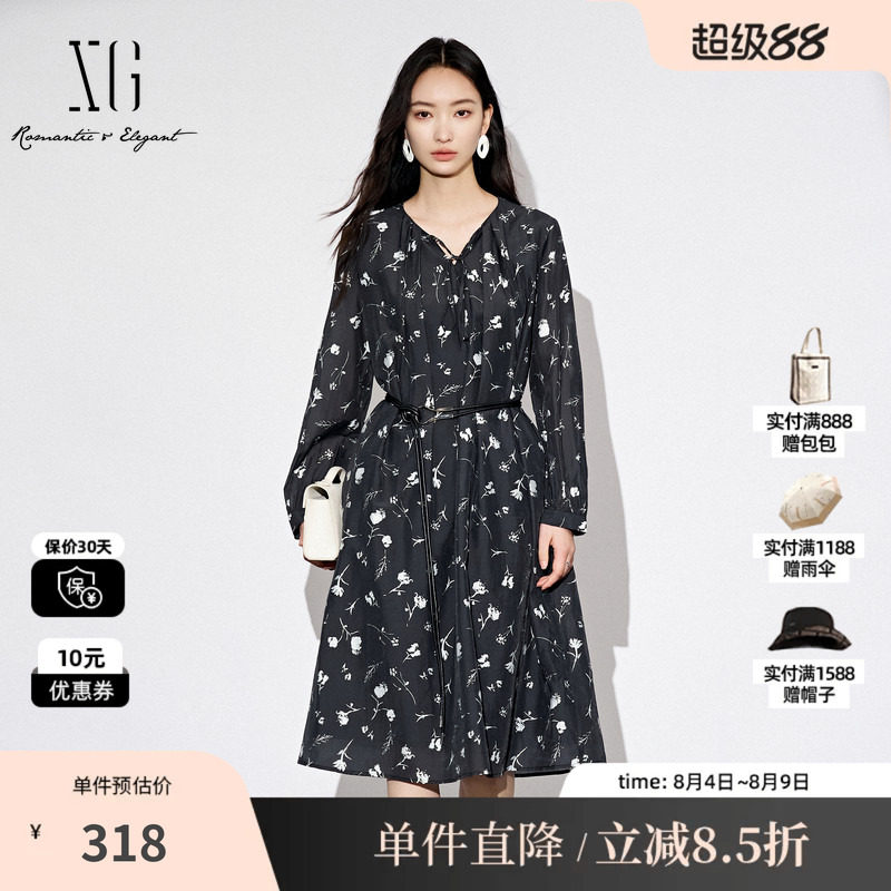 XG雪歌XL304830A806满版印花长袖连衣裙2025秋季新款碎花中长裙女