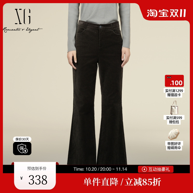 XG/雪歌XK402002A385灰绿色宽松休闲裤2025冬季新款微喇长裤女装