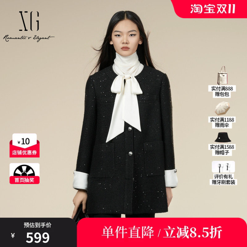 XG/雪歌XK407016A790 黑拼接翻边设计毛呢外套中长款圆领大衣女装