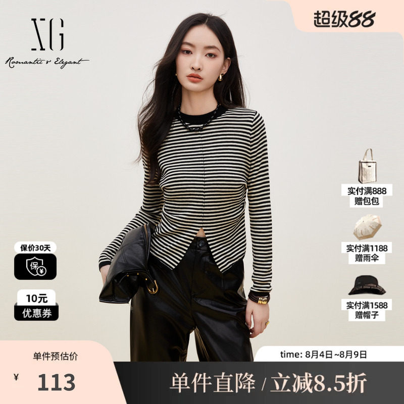 XG雪歌XK311683B899条纹毛针织衫时尚秋季新款开叉设计长袖上衣女