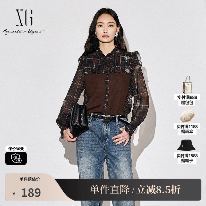XG雪歌XJ321004B395拼接设计长袖衬衫时尚秋季新款格纹设计上衣女