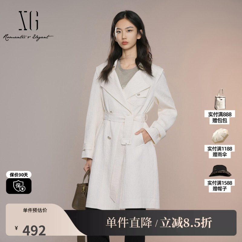 XG雪歌XK308013A491米白色中长款风衣2025秋季新款翻领长袖外套女