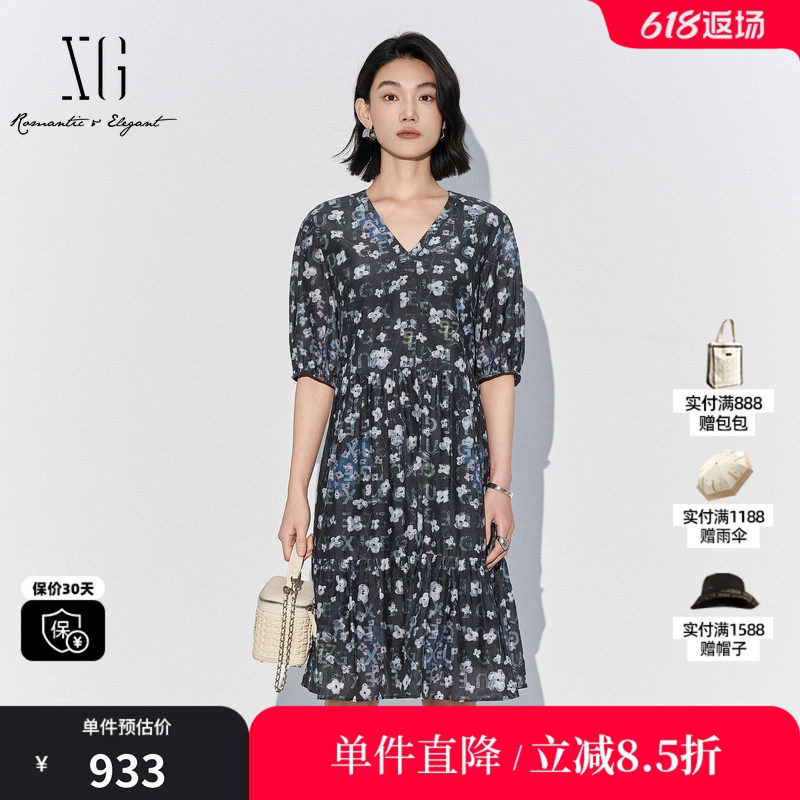 XG/雪歌XL204051BE93花版棉感短袖连衣裙V领收腰包臀鱼尾中裙女装