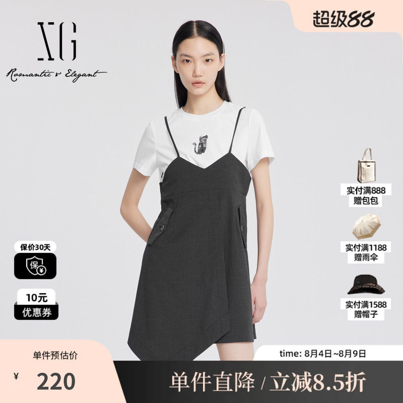 XG雪歌XJ204043B699不规则连衣裙时尚夏季新款假两件短袖中长裙女