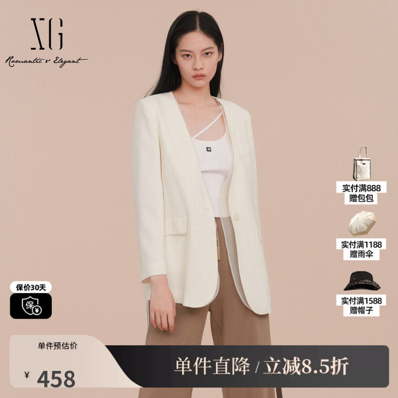 XG/雪歌XK107025A591纯醋纤V领西装网纱拼接白色职场长袖外套女装