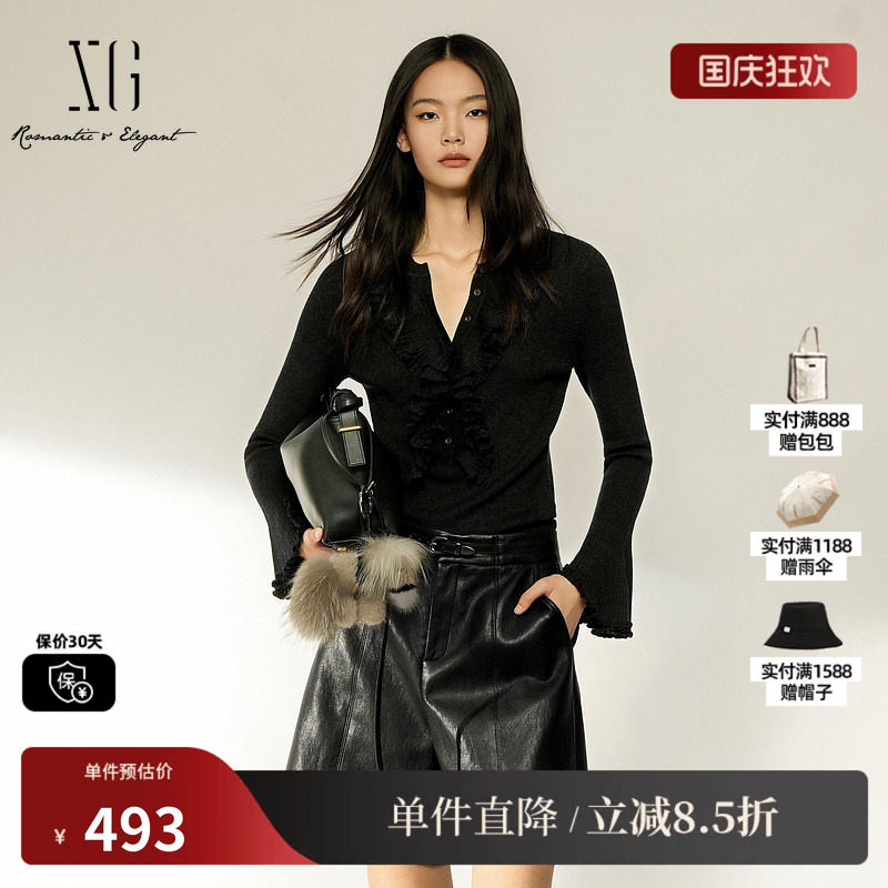 XG/雪歌 XL411002A190黑色羊毛混纺圆领荷叶边喇叭袖修身针织衫女