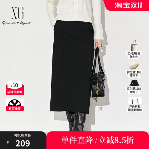 XG/雪歌XK303020A490黑色H型中长款半身裙直筒开叉气质休闲裙女装