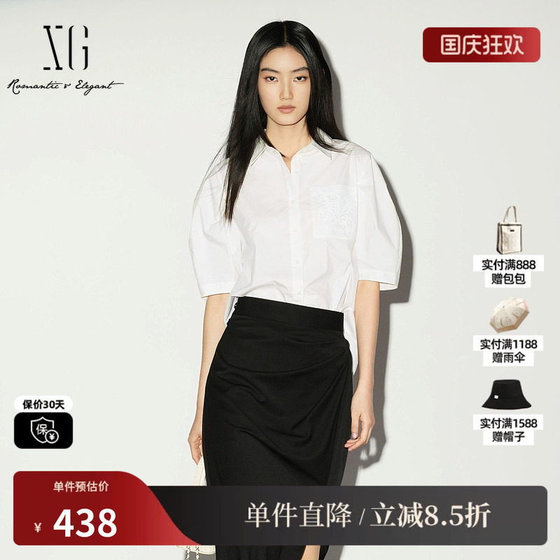 XG/雪歌 XL221036A251白色短袖polo领衬衫直筒泡泡袖刺绣上衣女装