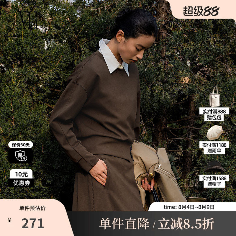 XG/雪歌XL101015A209圆领套头短款卫衣拉链开叉落肩直筒长袖T女装