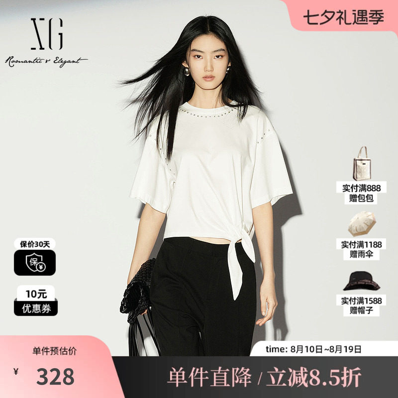 XG/雪歌XL201018A251白色棉感短袖T恤薄款圆领绑带钉珠短上衣女装